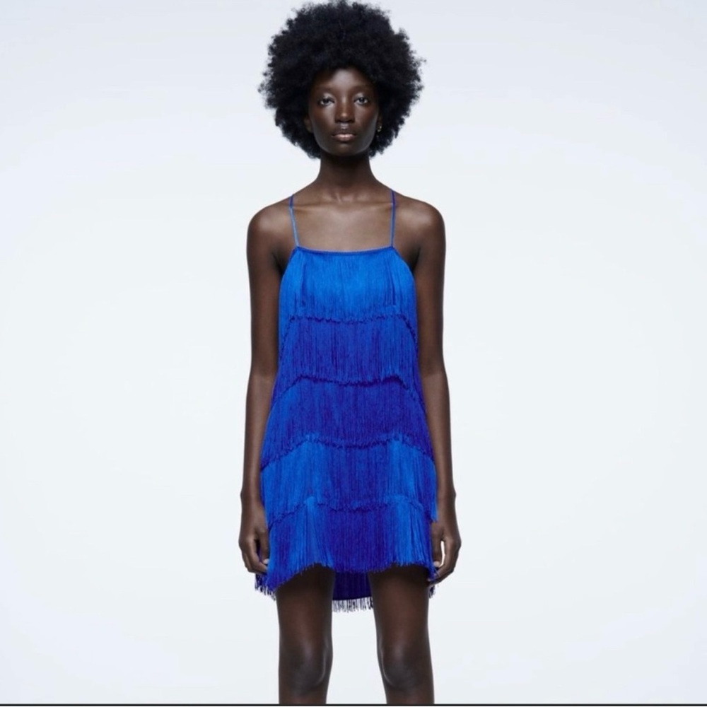Zara Women’s Blue Fringe Mini Dress Sz S NWT Maximalism Holiday Cocktail Party - Picture 6 of 10